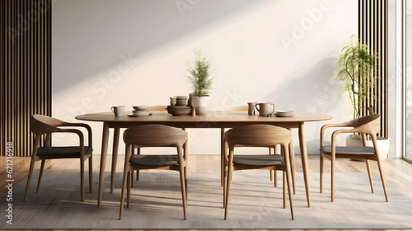 Fototapeta Interior design of modern dining room, dining table and wooden chairs. 3d rendering