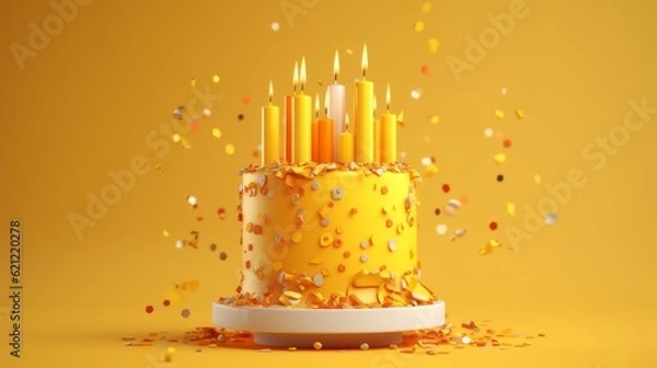 Obraz Generative AI. Happy birthday party concept, minimalistic background. Sweet cake with yellow cream and icing with candles. Gender party.