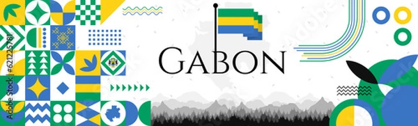 Fototapeta Gabon Independence Day abstract banner design with flag and map. Flag color theme geometric pattern retro modern Illustration design. Green, Yellow and Blue flag color template.