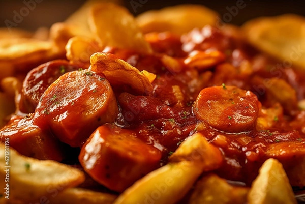 Fototapeta Currywurst with fries close up