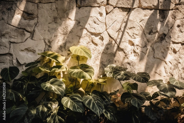 Fototapeta Eroded white stone concrete wall in beautiful foliage dappled sunlight of tropical leaf shadow