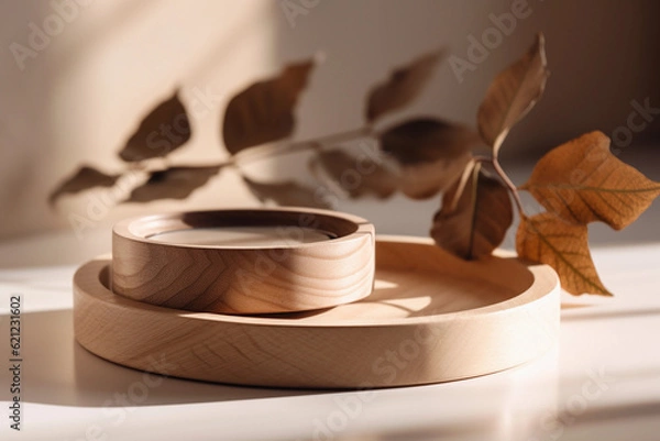 Obraz Two Minimal Modern Wooden round tray podium on white glossy table counter in sunlight