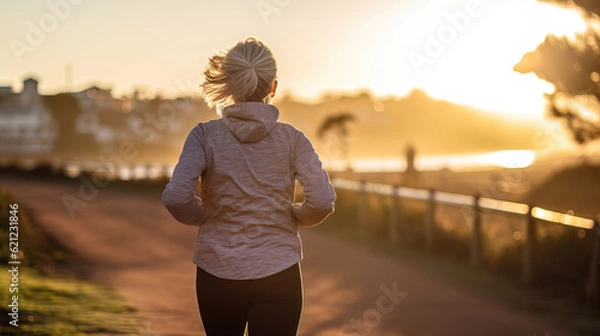 Obraz backside of person walking on the street at sunset