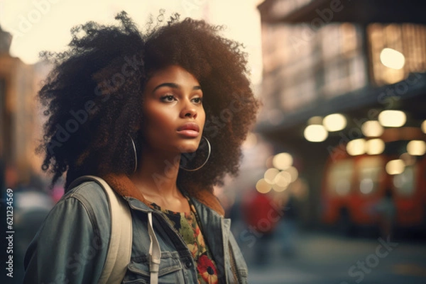 Fototapeta Close up of an African American woman with a city scene background. Generative AI