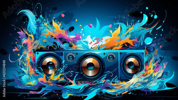 Obraz Sound Multimedia Soundsystem Hifi Audio Soundbox Lautsprecher Membran abstrakt cyan blau Style im Querformat. Generative Ai. 