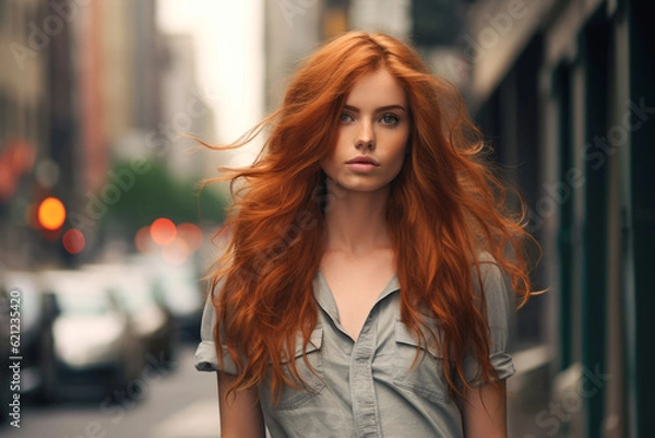 Fototapeta Close up of a redhead young woman with a city scene background. Generative AI
