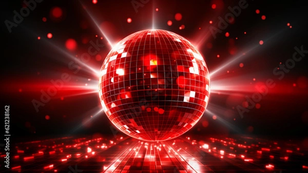 Obraz rote Discokugel mit Lichtern und Lichteffekten. Querformat. Generative Ai.