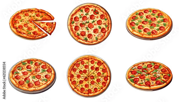 Fototapeta Hand Draw Pizza set with various ingredients in cartoon style. Whole and chopped pizza icon. Vector illustration EPS10