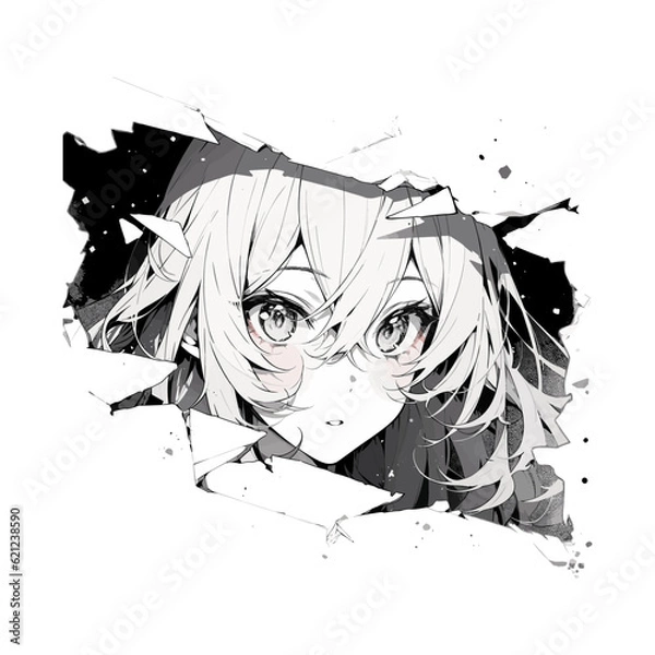 Fototapeta Manga eyes looking from a paper tear. Anime girl peeps out isolated on white background. Vector illustration EPS10