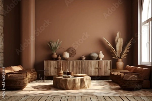 Fototapeta interior design, light ethnic boho decoration, living room in brown warm color