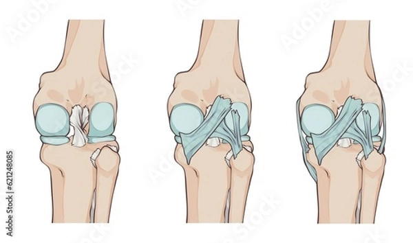 Fototapeta knee ligaments and menisci, with oblique popliteal ligament, medial fascicle of arcuate popliteal ligament, lateral fascicle of arcuate popliteal ligament and tibial collateral ligament 