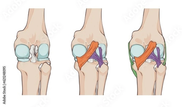 Fototapeta knee ligaments and menisci, with oblique popliteal ligament, medial fascicle of arcuate popliteal ligament, lateral fascicle of arcuate popliteal ligament and tibial collateral ligament 