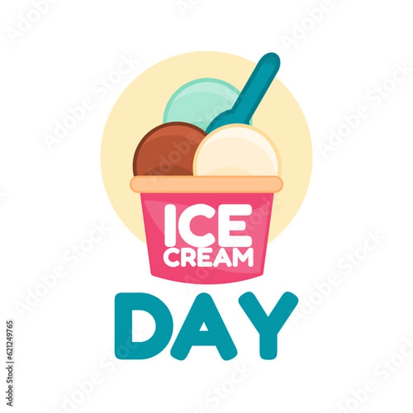 Obraz Big Text Ice Cream Day with Chocolate Vanilla Mint Ice Cream Cup Blue Spoon on Circle Pastel Background Icon