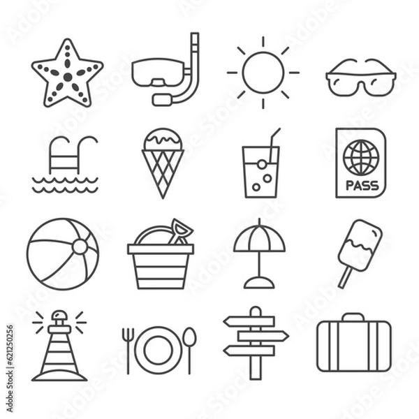 Fototapeta Set of summer vacation on the beach icons. Travel concept outline isolated on white background