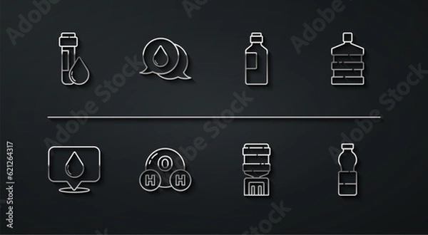 Fototapeta Set line Test tube with water drop, Water location, Big bottle clean, cooler, Chemical formula for H2O, speech bubbles, Bottle of and icon. Vector