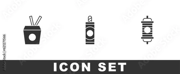 Fototapeta Set Noodles in box and chopsticks, Firework and Chinese paper lantern icon. Vector