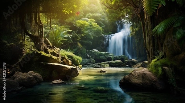 Fototapeta Cascade water in motion, surrounded by vibrant greenery and soft sunlight , (Generated by Ai)