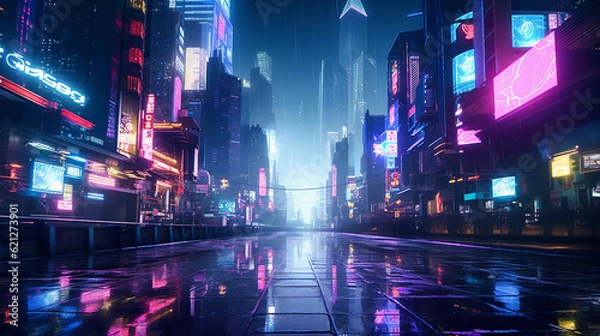 Fototapeta Cyberpunk Cityscape, Hyper - futurystyczna dzielnica komercyjna, neonowe światła, latające samochody, wieżowce z cyfrowymi billboardami, deszczowe, refleksyjne powierzchnie, noc w nocy