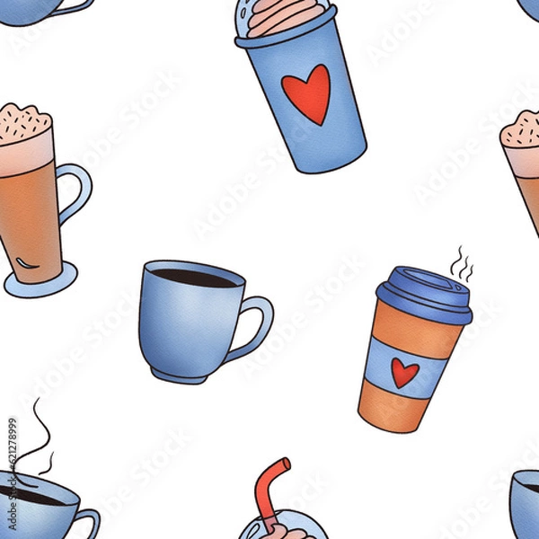 Fototapeta Illustration of cup of aromatic espresso takeaway coffee and latte macchiato on white background