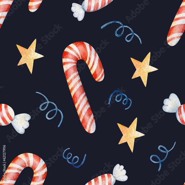 Fototapeta Watercolor illustration of different red and white christmas candy. Pattern against dark background 