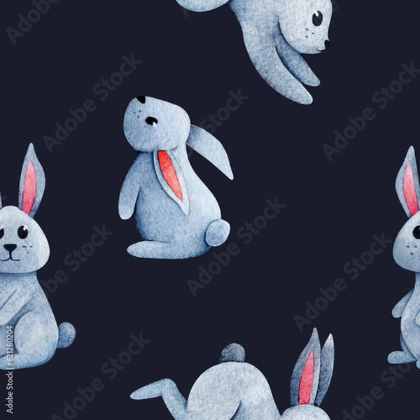 Fototapeta Watercolor illustration of adorable small toy rabbits with long ears sitting and jumping against dark background