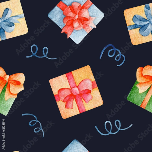 Fototapeta Watercolor illustration of different Christmas presents. Pattern against dark background 