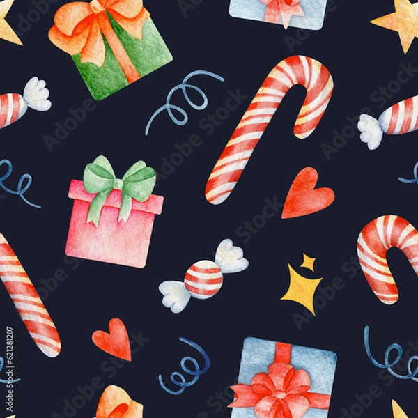 Fototapeta Watercolor illustration of different Christmas presents red and white candy canes pattern against dark background 