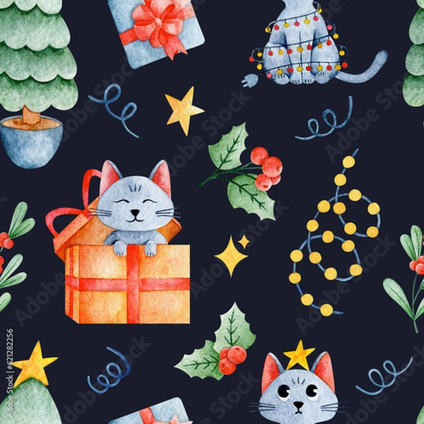 Fototapeta Watercolor illustration of a cute little cat peeking out of a gift box around a garland and Christmas tree on a dark background
