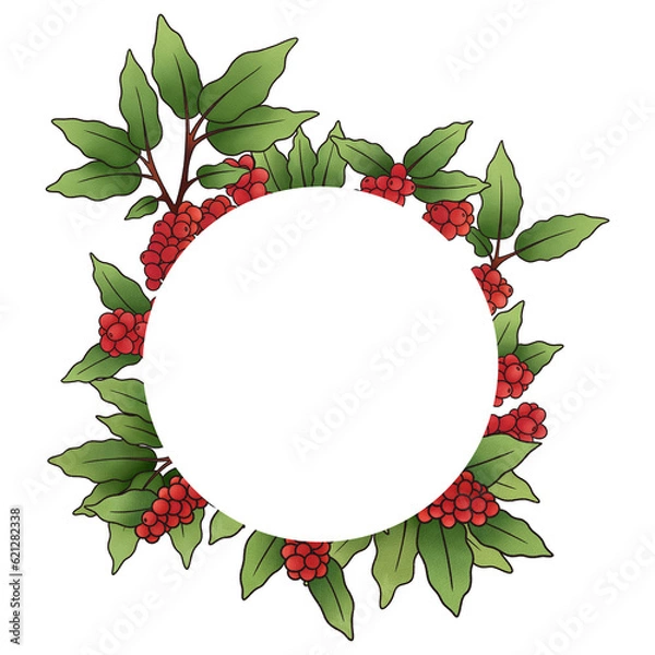 Fototapeta Illustration of round shaped blank frame with green leaves and red berries of coffee plant on white background