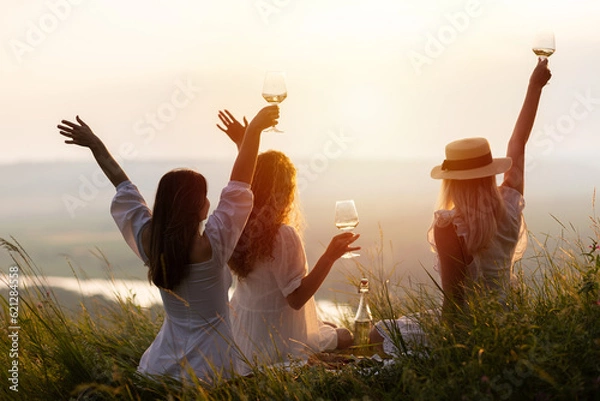 Fototapeta Back view of women enjoying hills view and drinking wine. Happy people spending time picnic leisure together on the sunset.