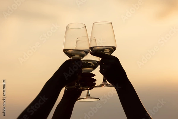 Fototapeta Silhouettes of hands of girls holding glasses of wine making a toast at the nature picnic on summer sunset.