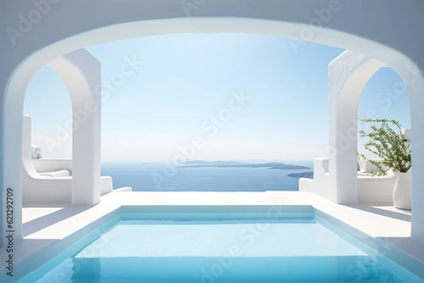 Fototapeta a Professional Shot of a Luxury and Modern Mansion in Greece near the Sea. Generative AI.