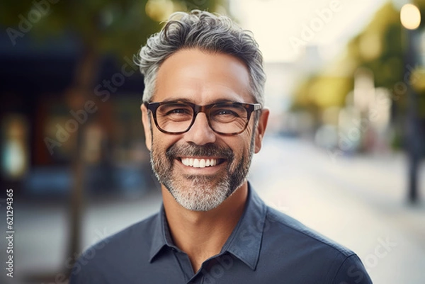 Obraz Portrait of happy mature man wearing spectacles and looking at camera outdoor. Man with beard and glasses feeling confident. Close up face of hispanic business man smiling, generative AI