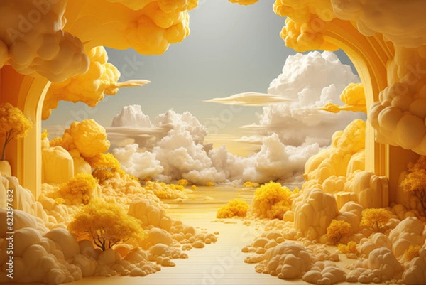 Fototapeta An abstract and minimalist yellow background evokes a sense of tranquility, with fluffy white clouds playfully escaping from an imaginary tunnel. Generative Ai.