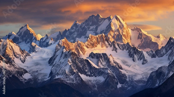 Fototapeta Bird's eye view of a snow - capped mountain range during sunset, golden hour light reflecting off the peaks