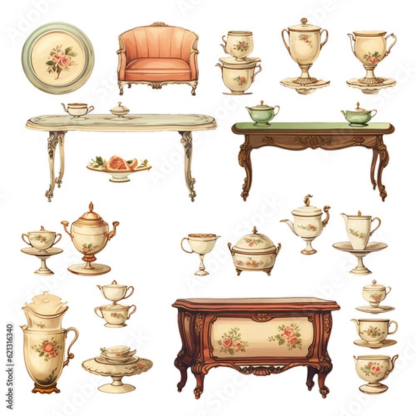 Fototapeta Old retro vintage antique furniture sofa teacup vector illustration sticker set Generative AI