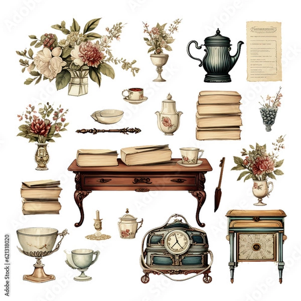 Fototapeta Old retro vintage antique furniture vase vector illustration sticker set Generative AI