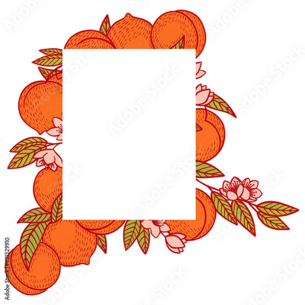 Fototapeta Festive card for invitations with rectangular blank frame surrounded by ripe peaches with green leaves