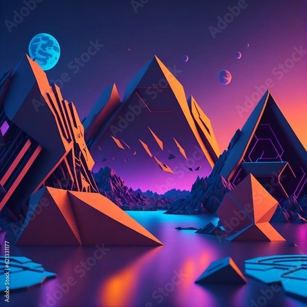 Fototapeta 3d render, abstract neon background with glowing geometric shapes and seascape