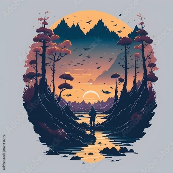 Fototapeta A man fishing in kayak in a river with a sunset background