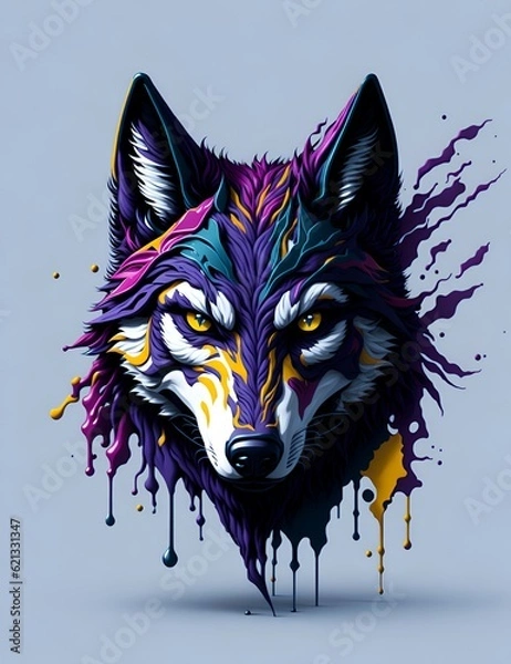 Fototapeta Splash art, a wolf head, ((white background)), piercing eyes, epic Instagram, artstation, splash style of colorful paint