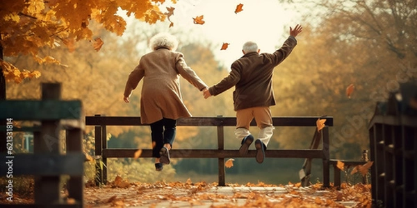 Fototapeta Happy elderly couple jumping high in autumn rural park, view from the back. Generative AI