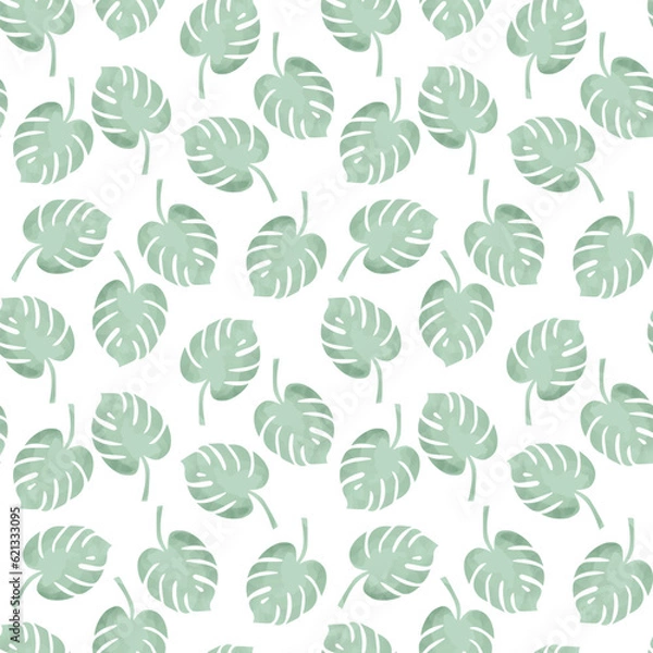 Fototapeta Watercolor monstera leaves seamless pattern. Tropical foliage art background vector illustration.