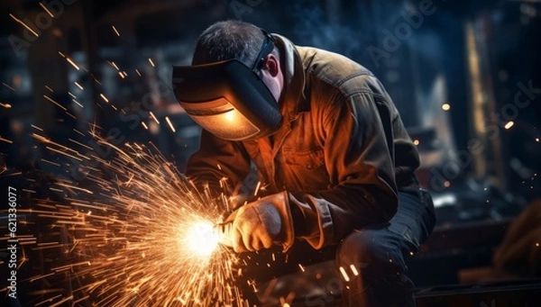 Fototapeta Skilled Worker Creating Sparks in a Vibrant Welding Shop, Generative AI