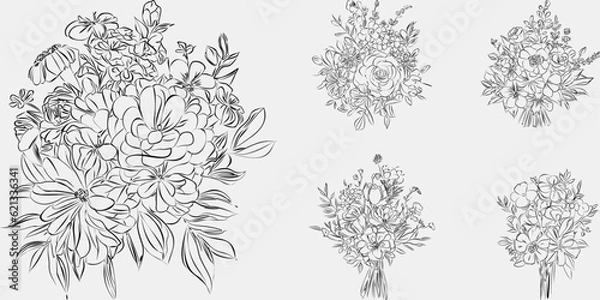 Fototapeta Minimalist black and white collection vintage, hand-drawn flowers in contemporary line art ink, creating a retro timeless bundle shapes doodle design elements. Exotic jungle leaves and plants
