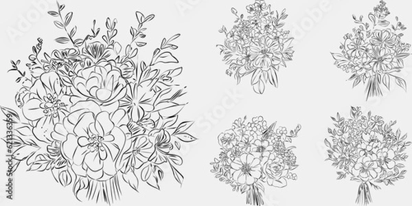 Fototapeta Minimalist black and white collection vintage, hand-drawn flowers in contemporary line art ink, creating a retro timeless bundle shapes doodle design elements. Exotic jungle leaves and plants