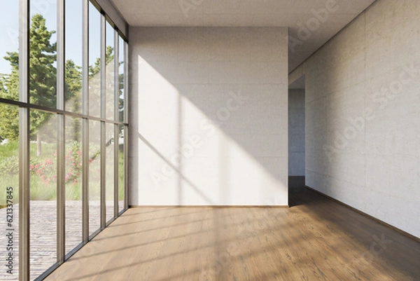 Fototapeta luxurious empty loft apartment with window and minimalistic interior living room design; 3D Illustration