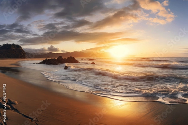 Fototapeta panoramic view of a serene beach at sunrise, with soft golden light painting the sky, gentle waves lapping at the shore, and a sense of calm