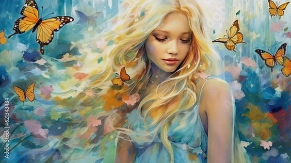 Fototapeta Girl and butterflies, freedom concept watercolor illustration, generative ai