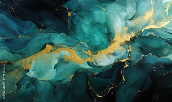 Fototapeta Watercolor background drawn by brush. Green paints spilled on paper. Golden shiny veins and Liquid marble texture, generative AI